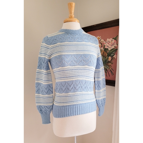 70s Pointelle Long Sleeve Cutwork 1970s Vintage Blue Striped Vintage Sweater - Picture 3 of 16